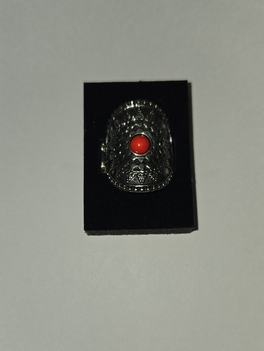 Statement Silver Tone Ring with Red Cabochon